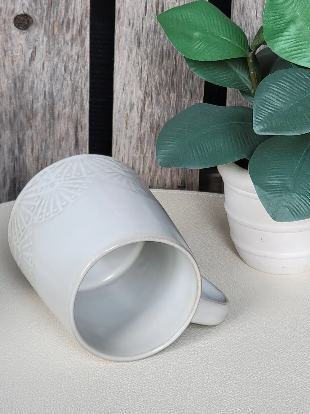 Hearth & Hand Cream White Ceramic Patterned Mug Etched Fan Motif - Picture 7 of 8